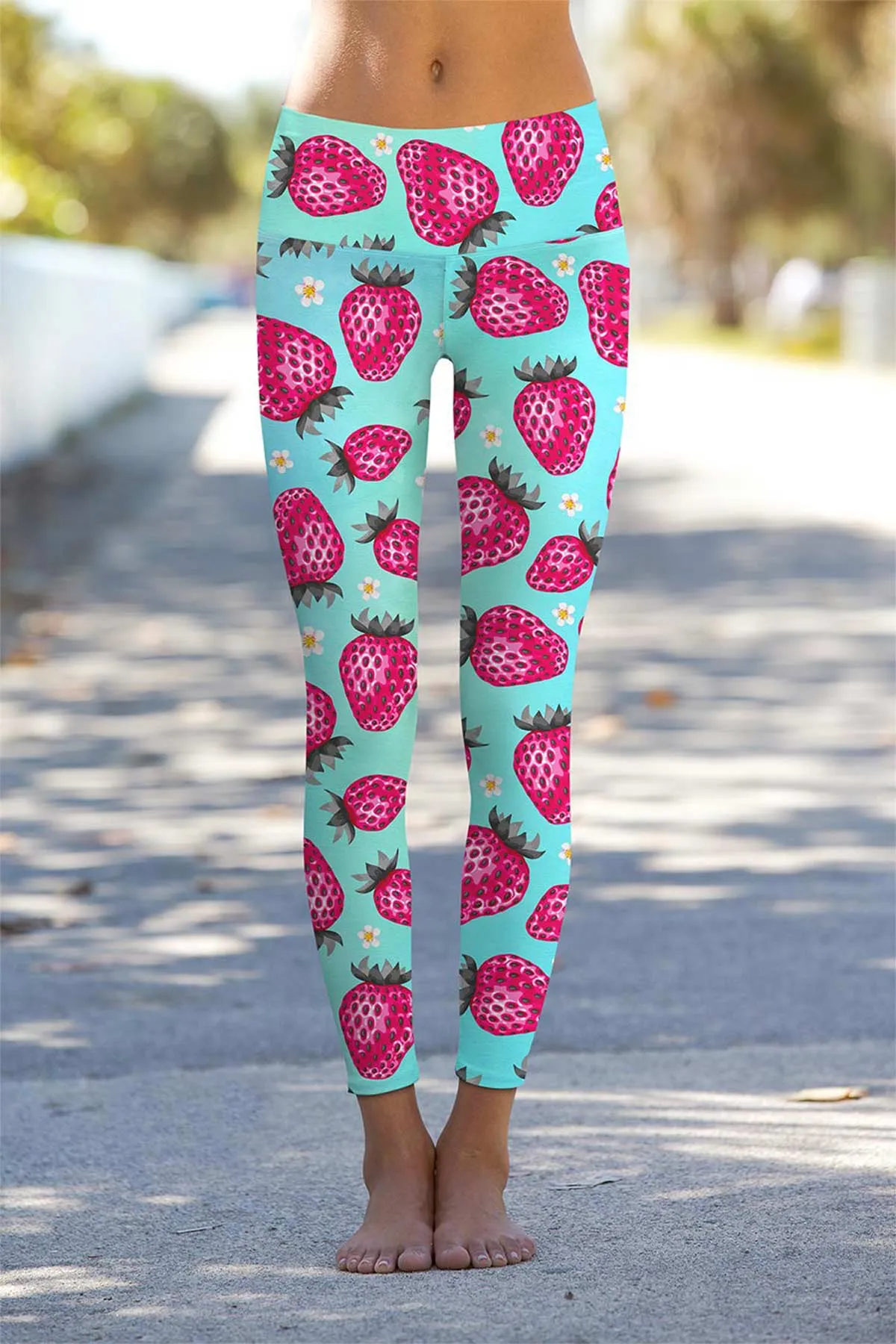 Berry Cute Lucy Blue Strawberry Print Leggings Yoga Pants - Women