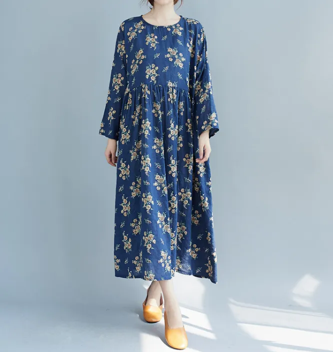 Blue Floral Long Sleeve Women Dresses Casual Women Dresses SSM97215