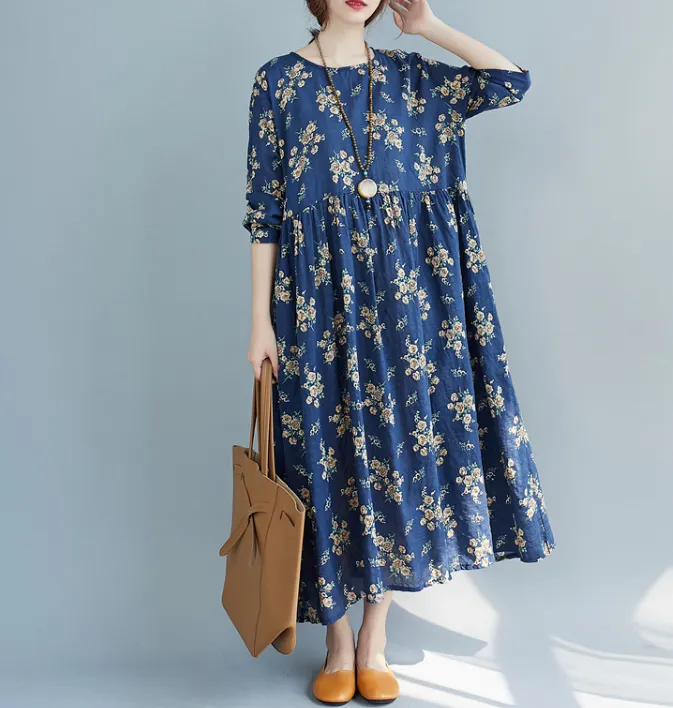 Blue Floral Long Sleeve Women Dresses Casual Women Dresses SSM97215