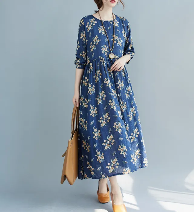 Blue Floral Long Sleeve Women Dresses Casual Women Dresses SSM97215
