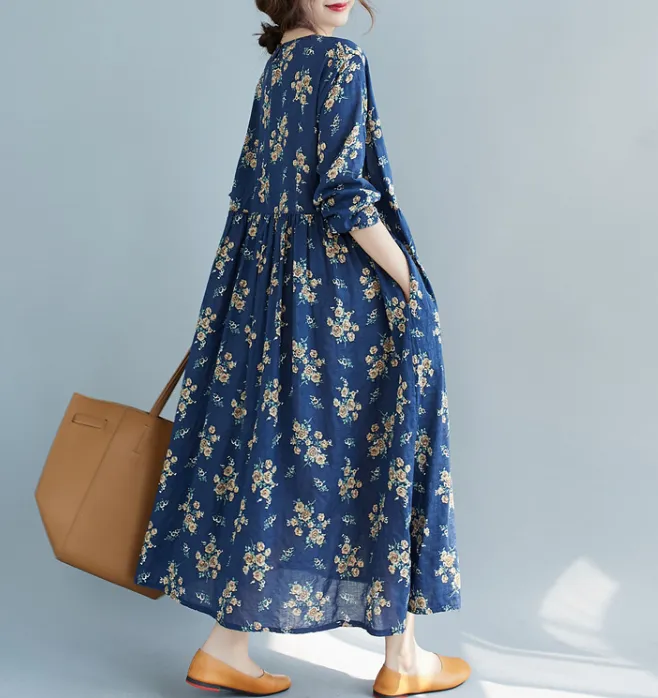 Blue Floral Long Sleeve Women Dresses Casual Women Dresses SSM97215