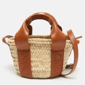 Chlo&eacute;  Brown/Cream Woven Raffia and Leather Small Sense Basket Bag