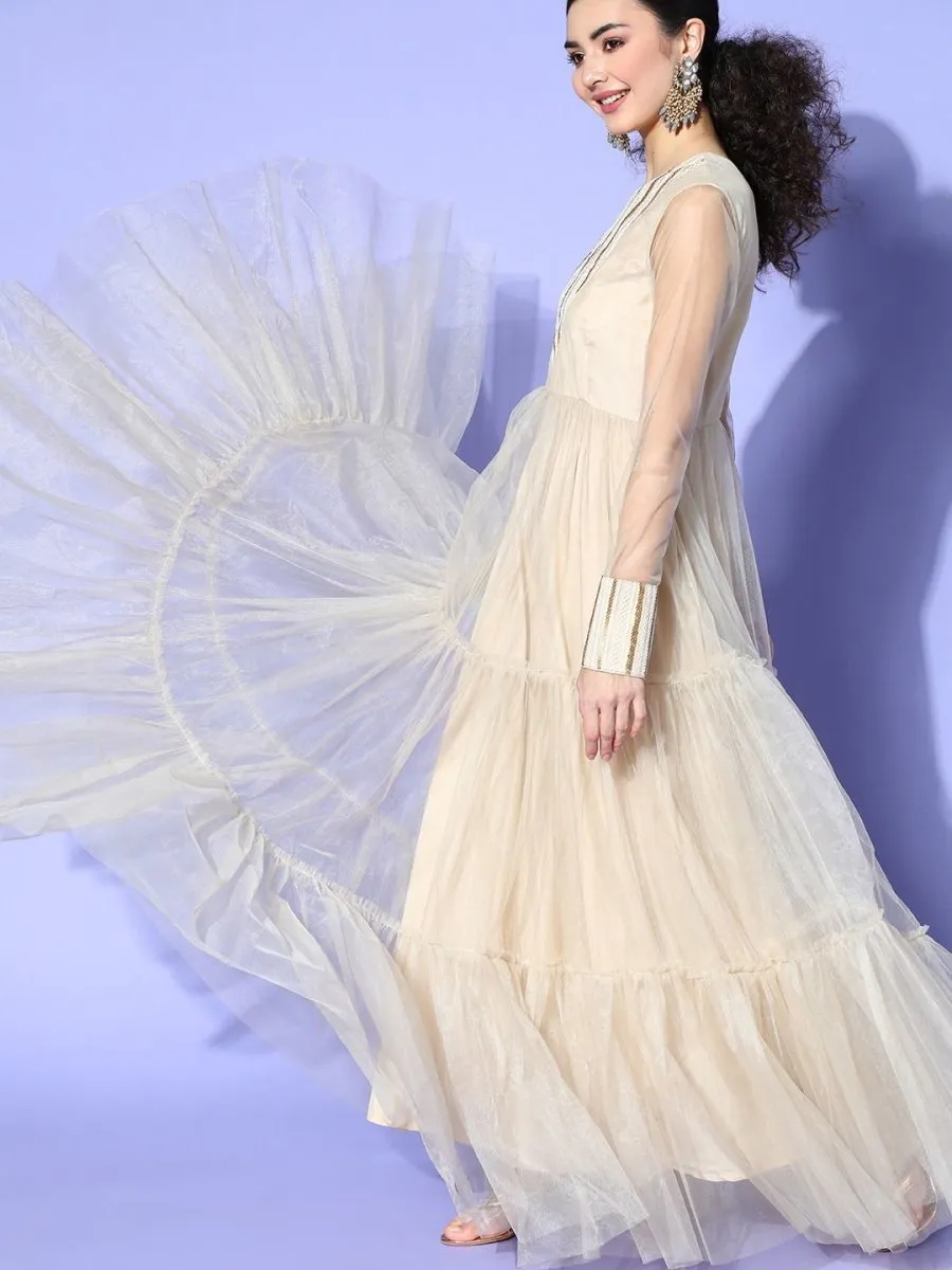Cream Embroidered tered Gown