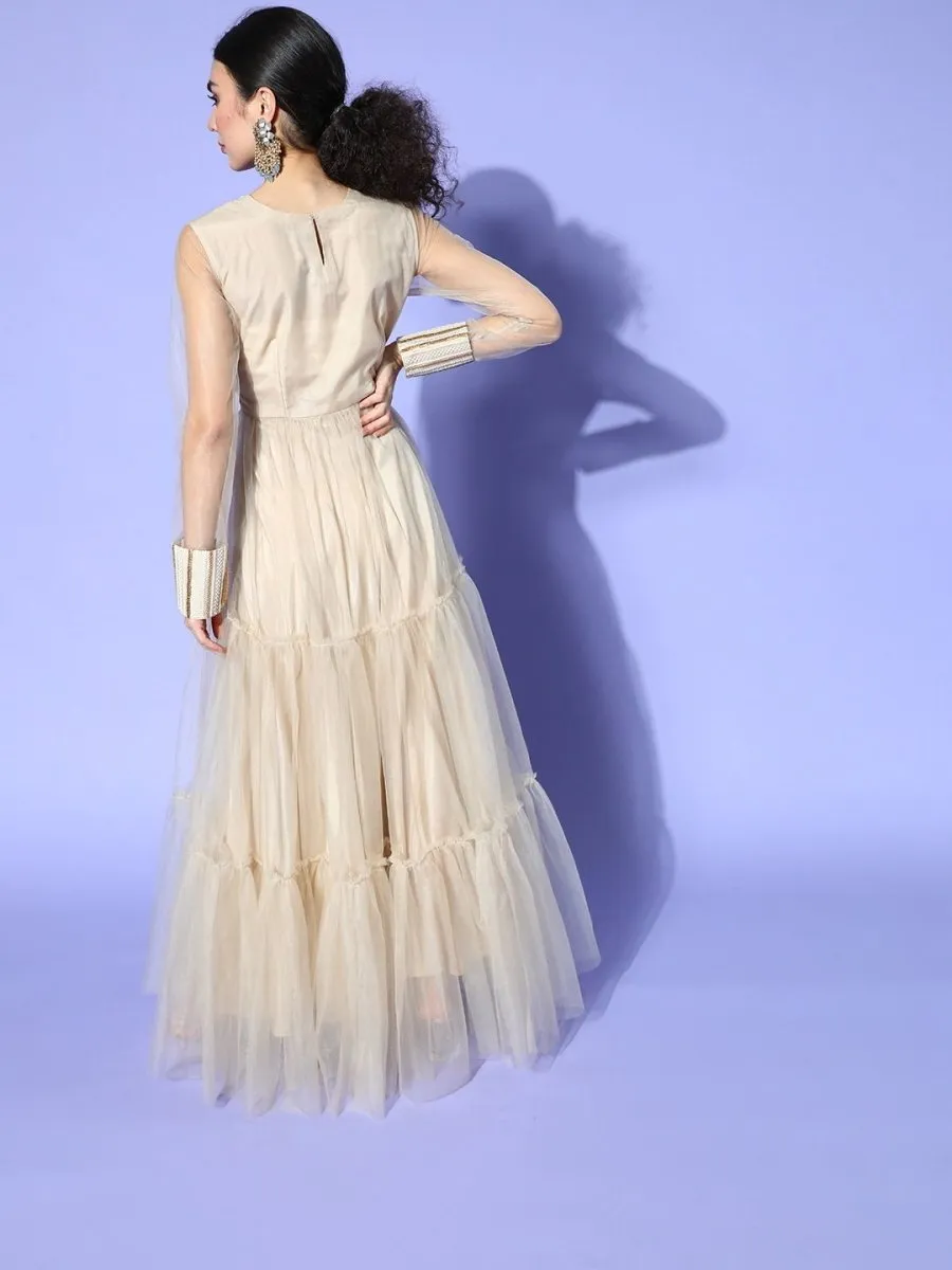 Cream Embroidered tered Gown