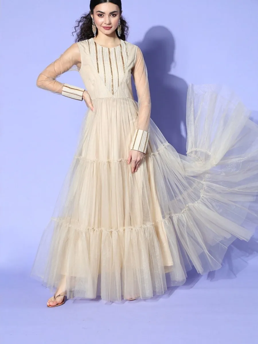 Cream Embroidered tered Gown