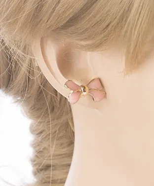 Gorgeous Fashion Ribbon Bow Design Enamel Small Stud Earrings Gold Cream Ivory