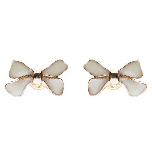 Gorgeous Fashion Ribbon Bow Design Enamel Small Stud Earrings Gold Cream Ivory