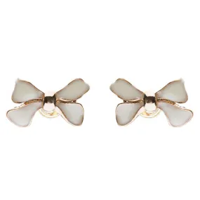 Gorgeous Fashion Ribbon Bow Design Enamel Small Stud Earrings Gold Cream Ivory