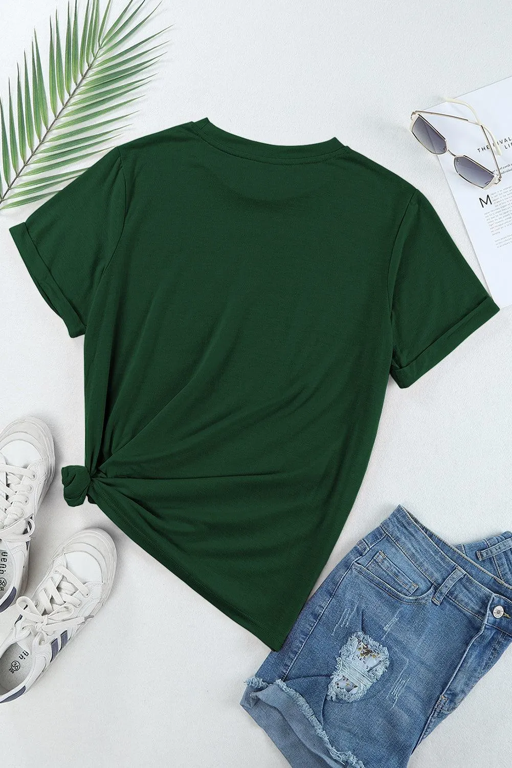 Green Casual Crew Neck Solid Color T-Shirts Loose Lightweight Tops for Women