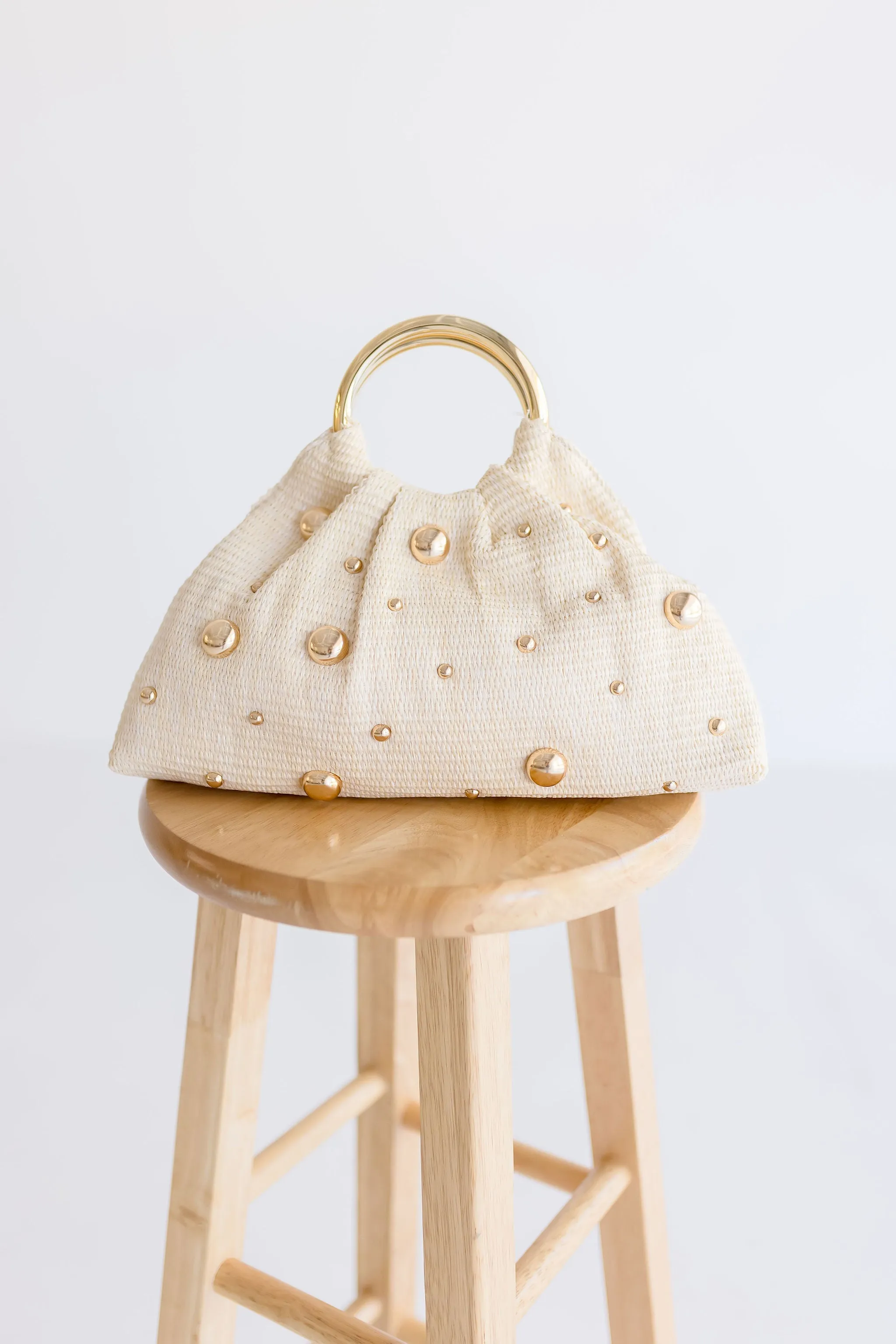 Halle Straw Gold Studded Purse Beige