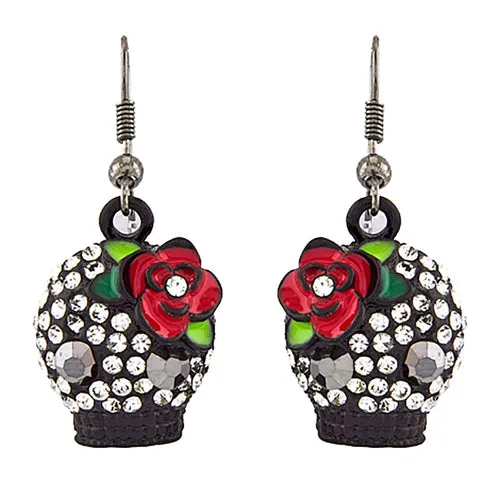 Halloween Costume Jewelry Crystal Rhinestone Rose Skull Earrings E1154 Black