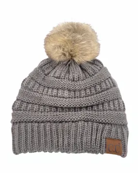 Hat-43 BEANIE W/FAUX FUR POM - EARTH GREY