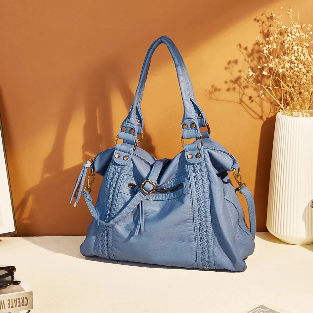 Large Washed PU Leather Hobo Bag