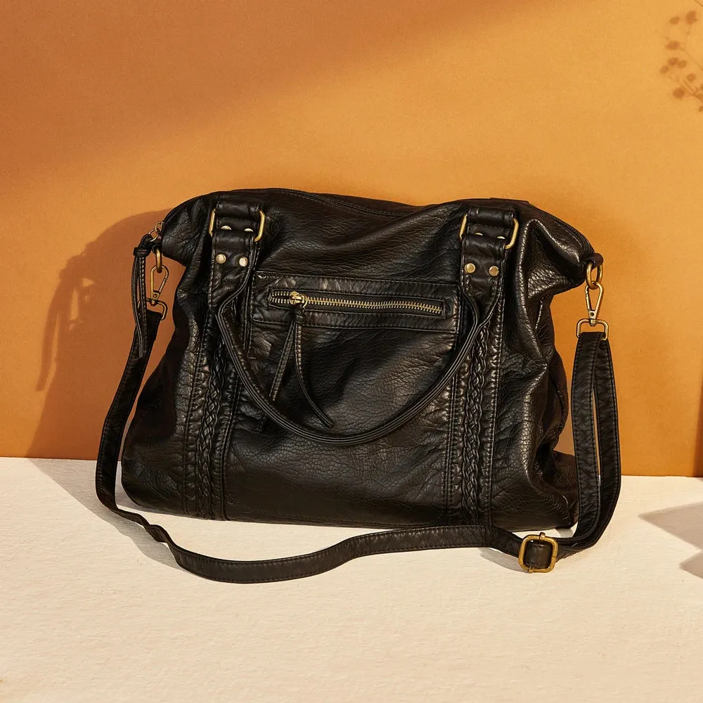 Large Washed PU Leather Hobo Bag