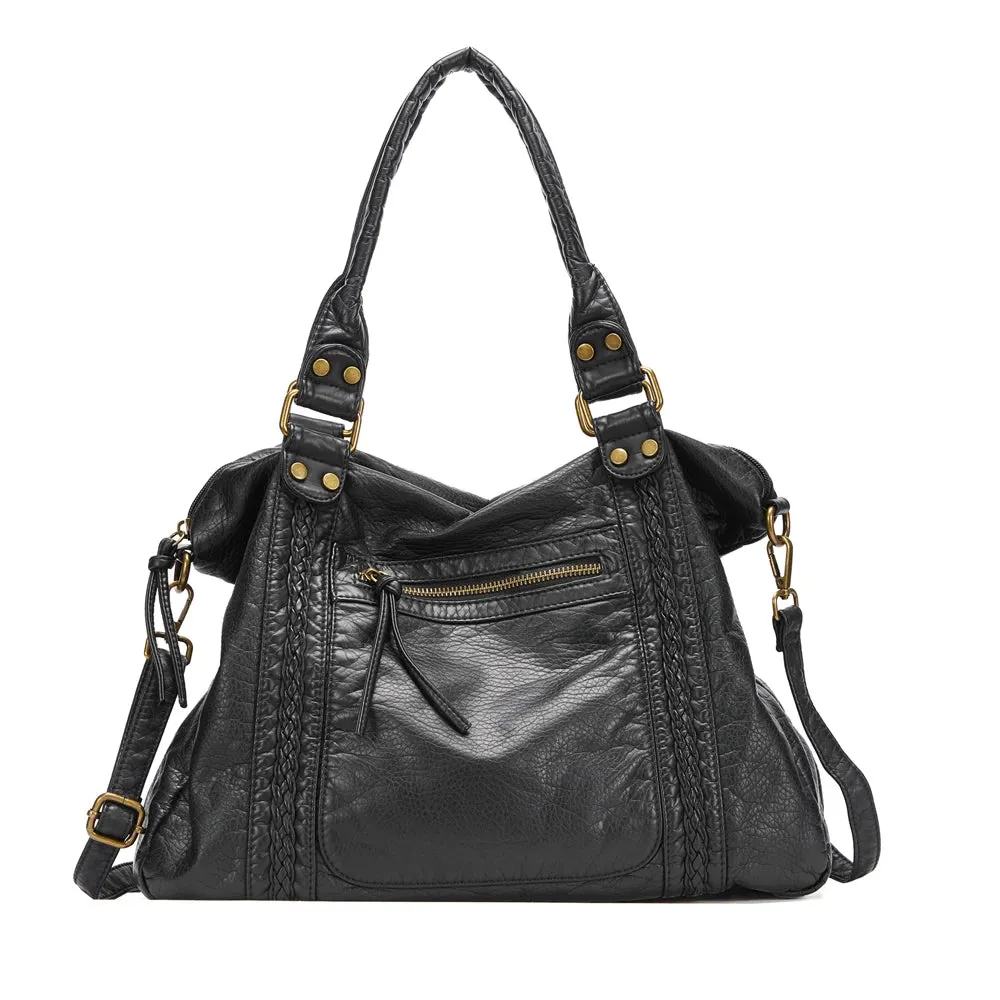 Large Washed PU Leather Hobo Bag