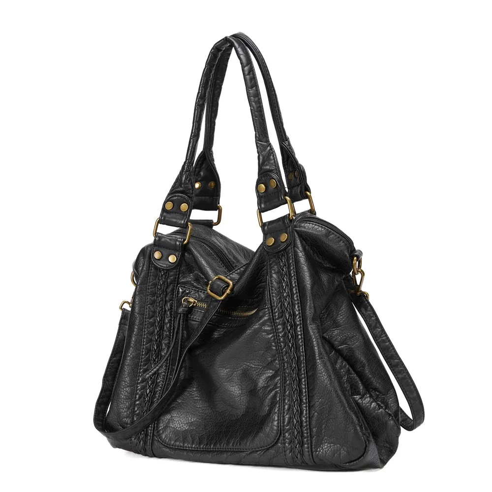Large Washed PU Leather Hobo Bag