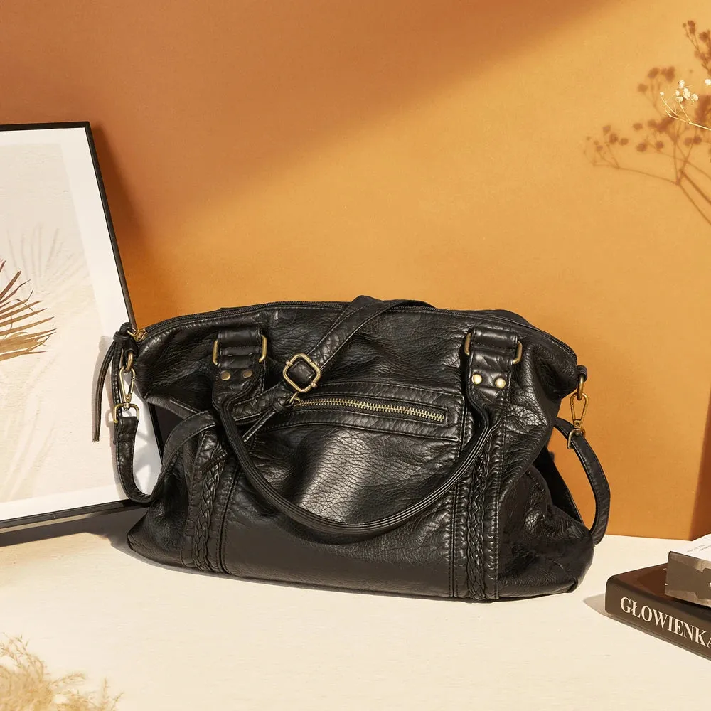 Large Washed PU Leather Hobo Bag