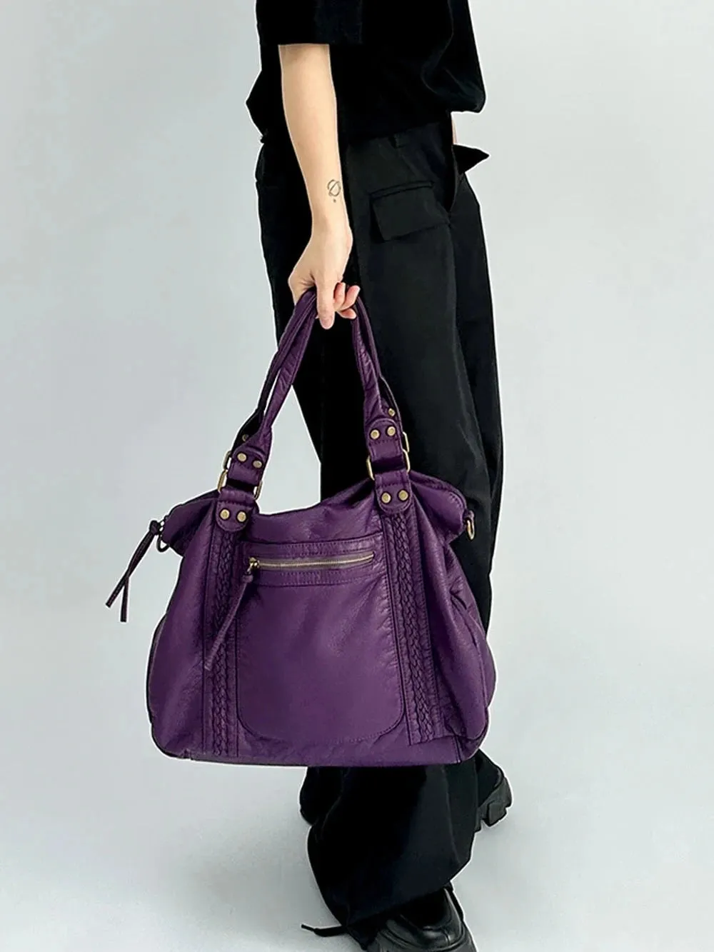 Large Washed PU Leather Hobo Bag