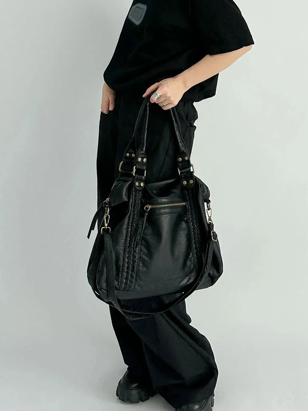Large Washed PU Leather Hobo Bag