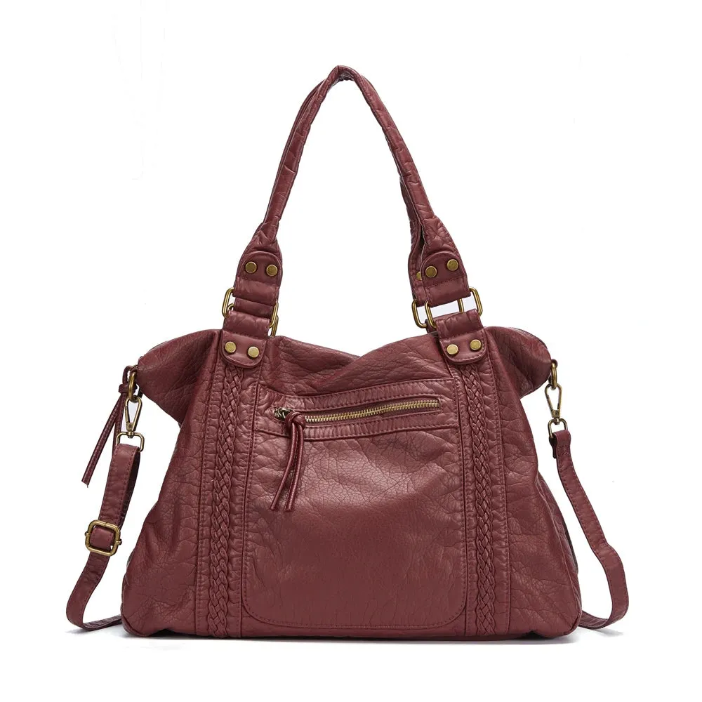 Large Washed PU Leather Hobo Bag