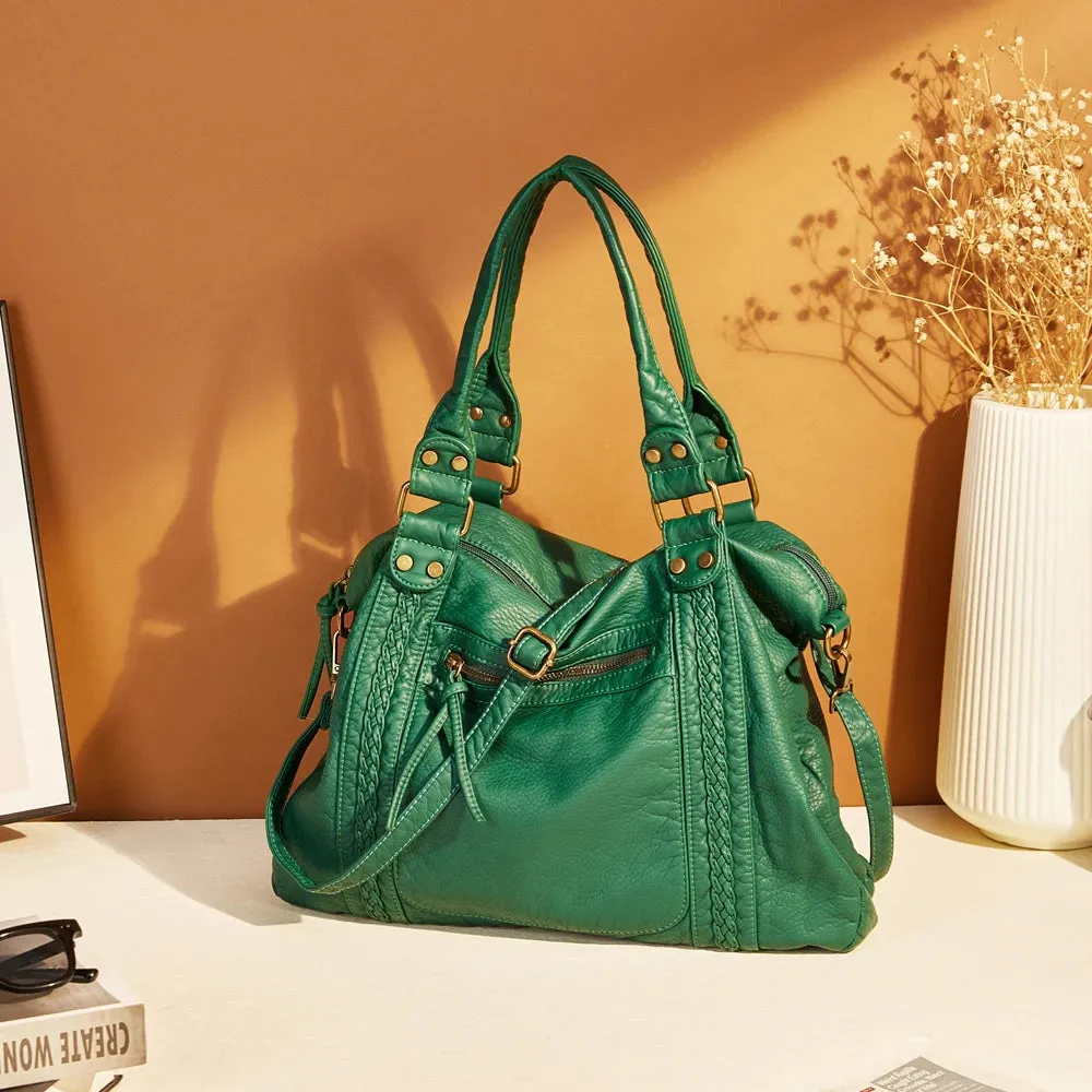 Large Washed PU Leather Hobo Bag