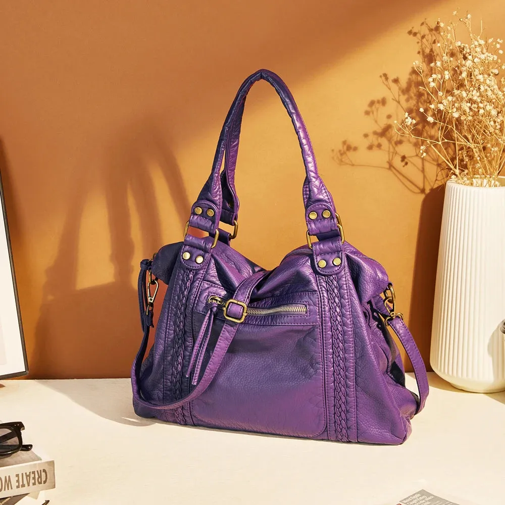 Large Washed PU Leather Hobo Bag