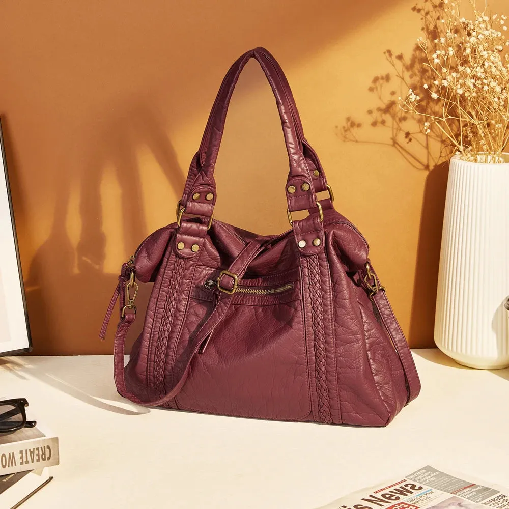 Large Washed PU Leather Hobo Bag