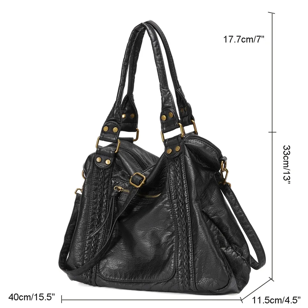 Large Washed PU Leather Hobo Bag