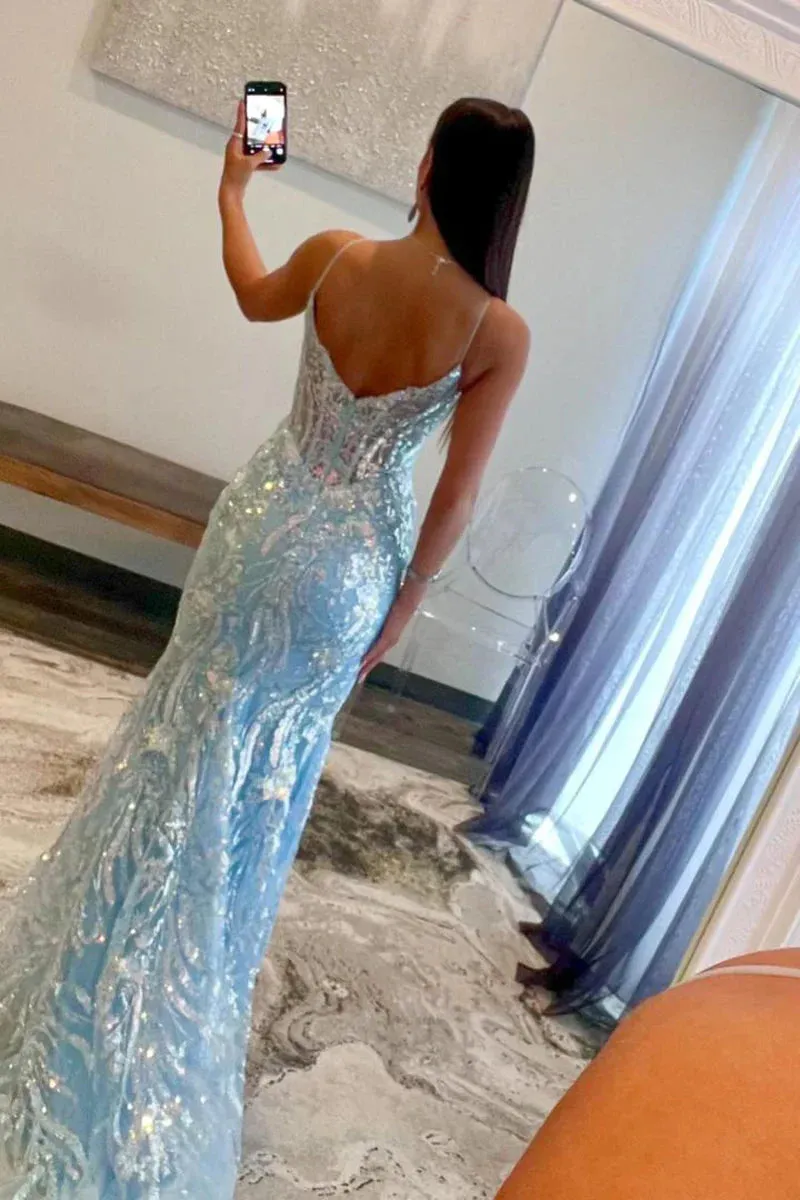 Light Blue Sequins Appliques V Neck Long Prom Dress Evening Dress