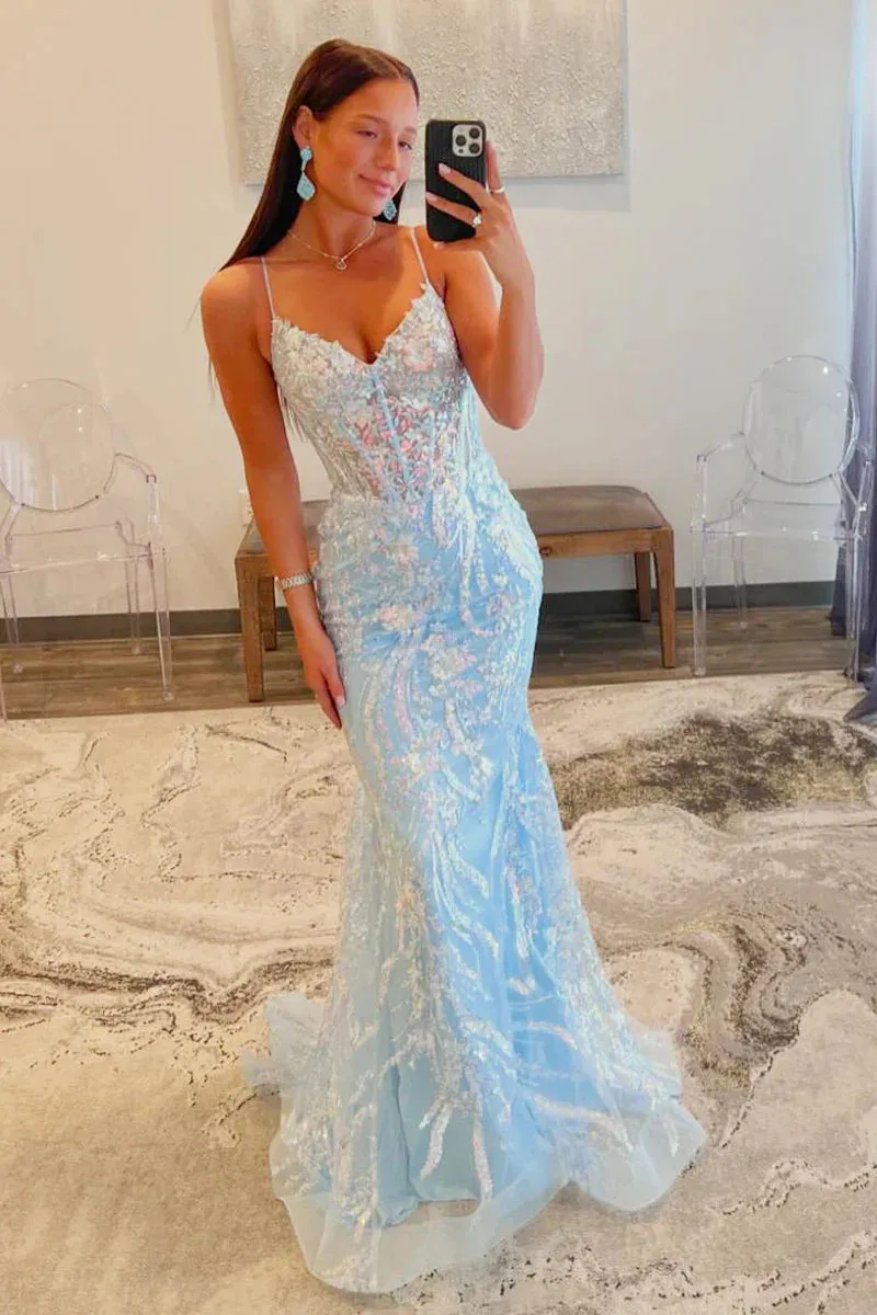 Light Blue Sequins Appliques V Neck Long Prom Dress Evening Dress