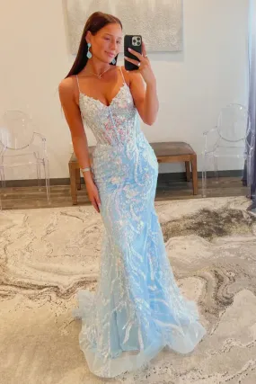 Light Blue Sequins Appliques V Neck Long Prom Dress Evening Dress