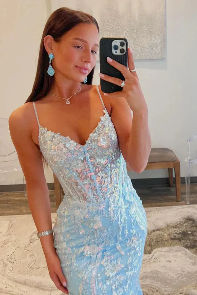 Light Blue Sequins Appliques V Neck Long Prom Dress Evening Dress