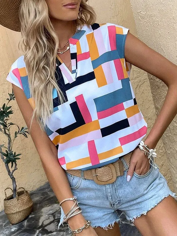 Loose Sleeveless Printed V-Neck T-Shirts Tops