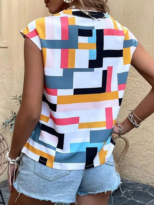 Loose Sleeveless Printed V-Neck T-Shirts Tops