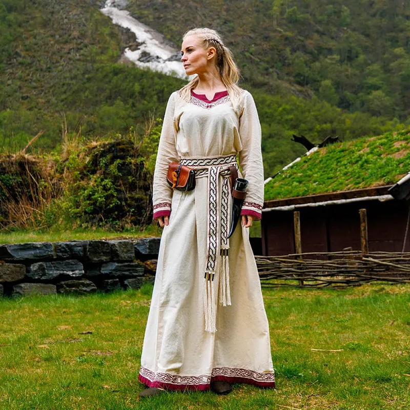 Natural & Red Embroidered Dress - Light Cotton