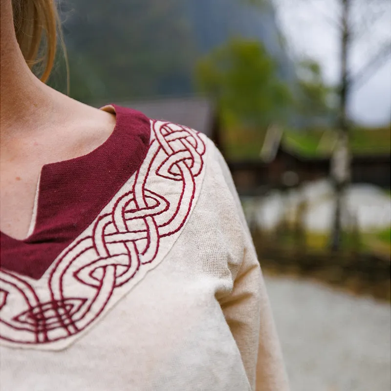Natural & Red Embroidered Dress - Light Cotton
