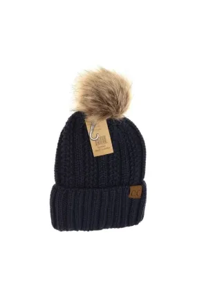 Navy Fuzzy Lined Fur Pom CC Beanie