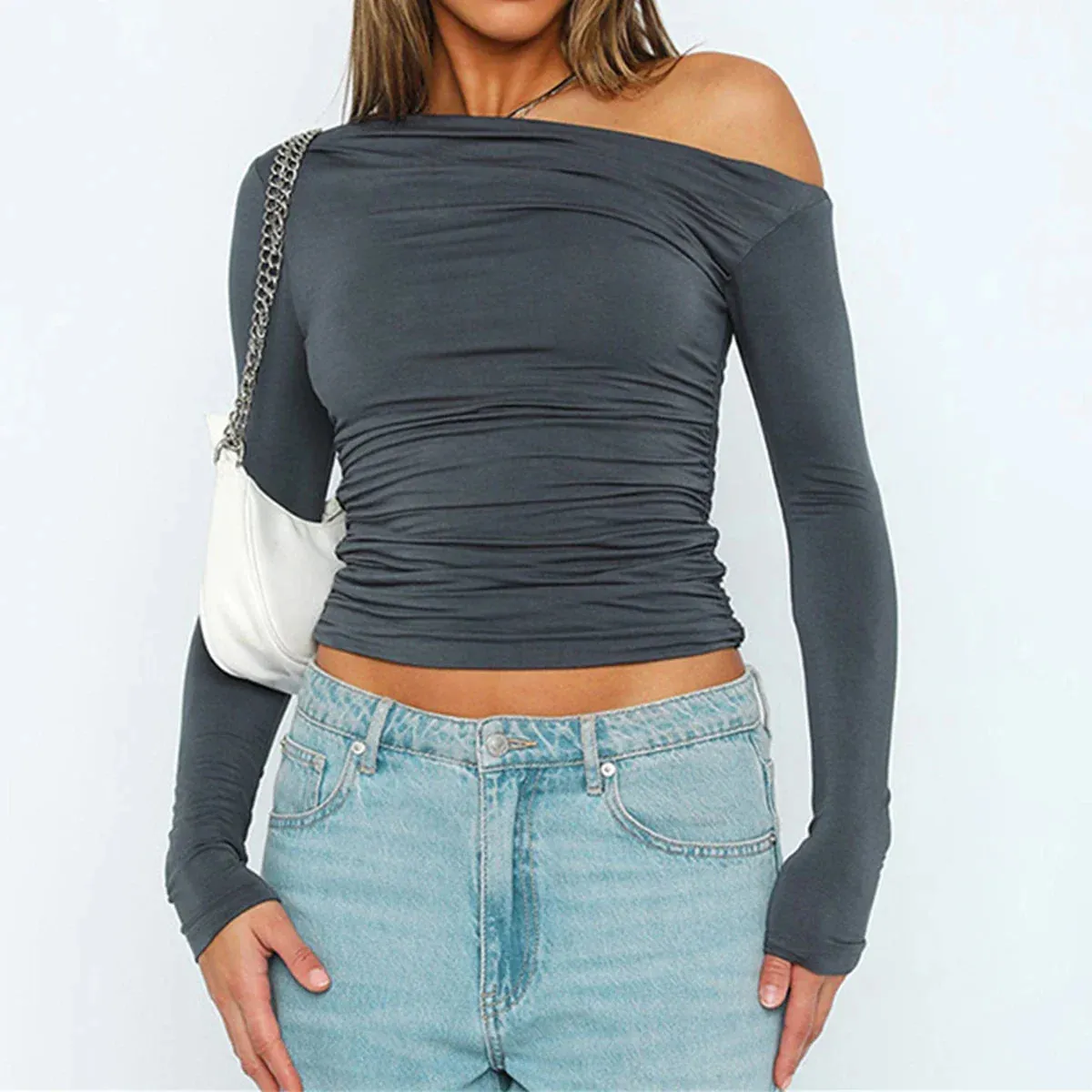 Off-Shoulder Casual Solid Long Cropped Streetwear Clubwear Pleated Ruched T-shirt