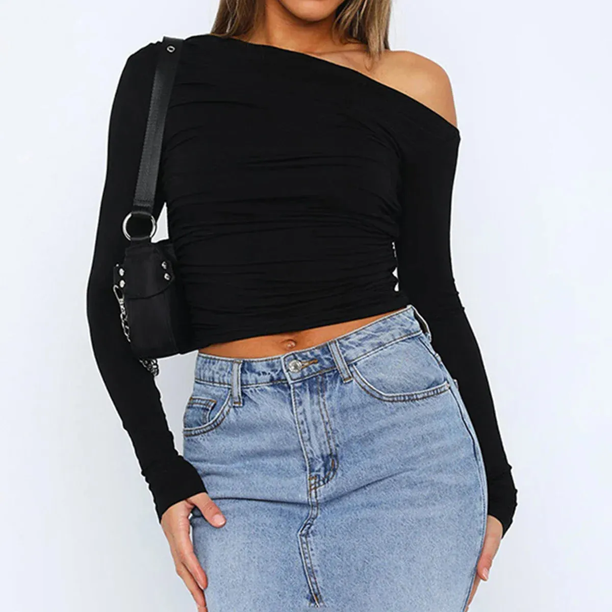 Off-Shoulder Casual Solid Long Cropped Streetwear Clubwear Pleated Ruched T-shirt