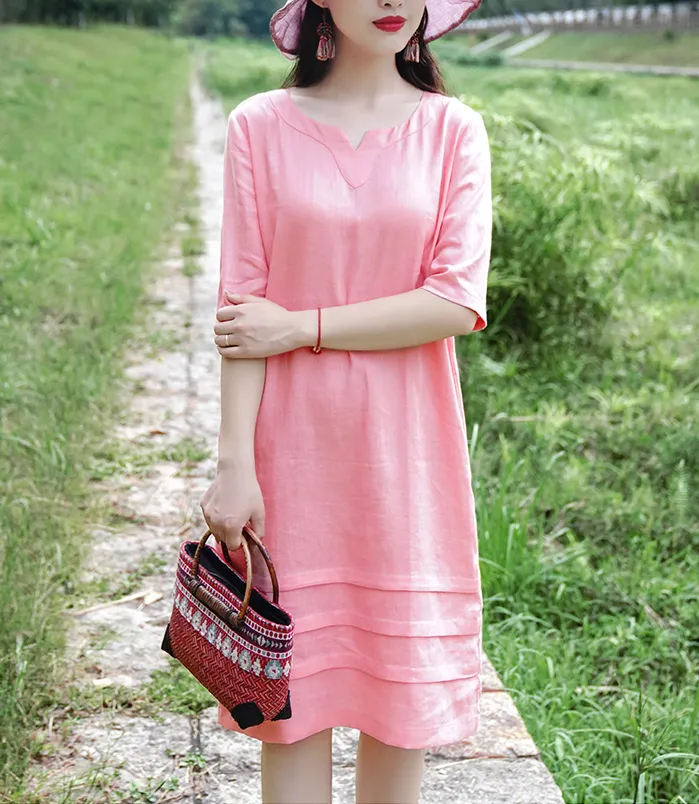 Pink Women Dresses Casual Summer Linen Women Dresses 9215