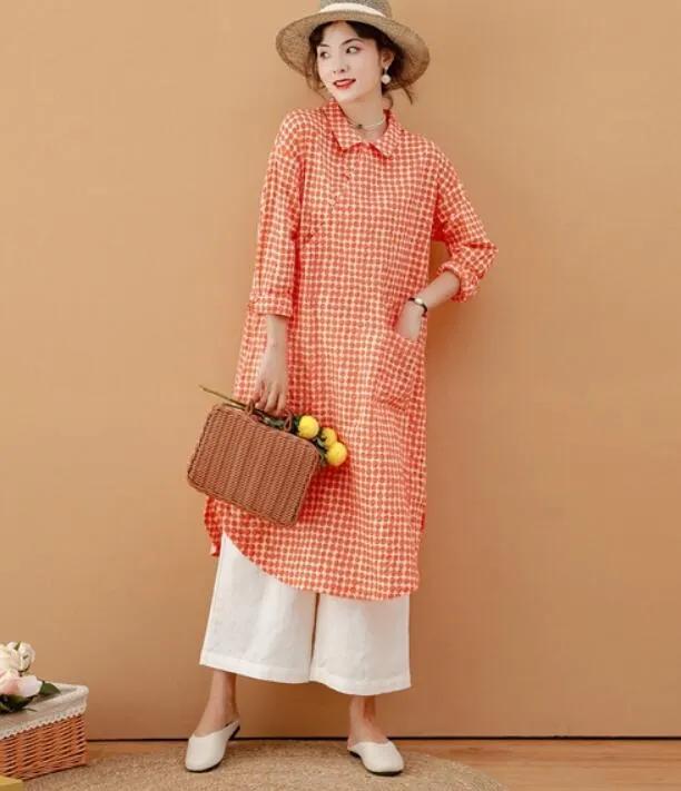 Red Checked Women Dresses Ramie Casual Spring Linen Women Dresses MN97215