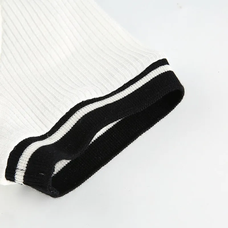 Striped V Neck Casual Basic Crop Tops Korean Fashion Cute Short Sleeve Slim Tees