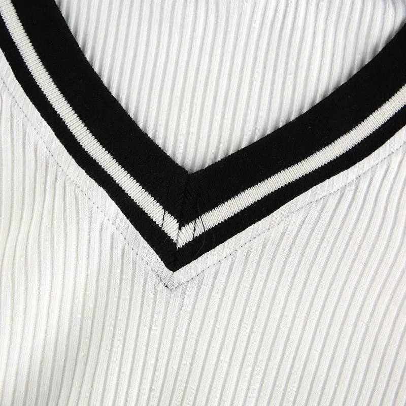Striped V Neck Casual Basic Crop Tops Korean Fashion Cute Short Sleeve Slim Tees