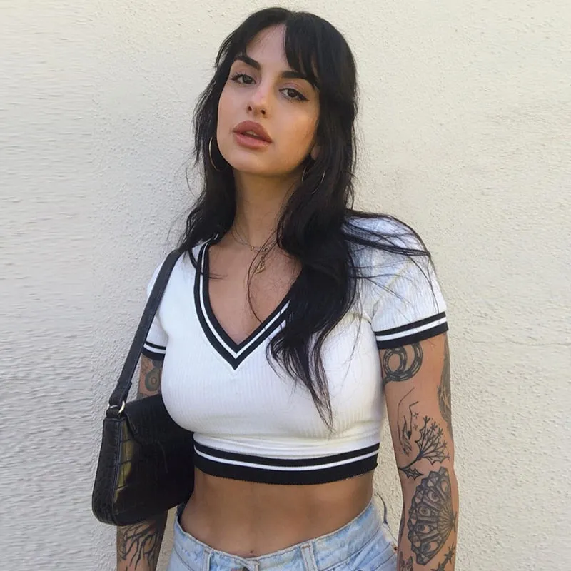 Striped V Neck Casual Basic Crop Tops Korean Fashion Cute Short Sleeve Slim Tees