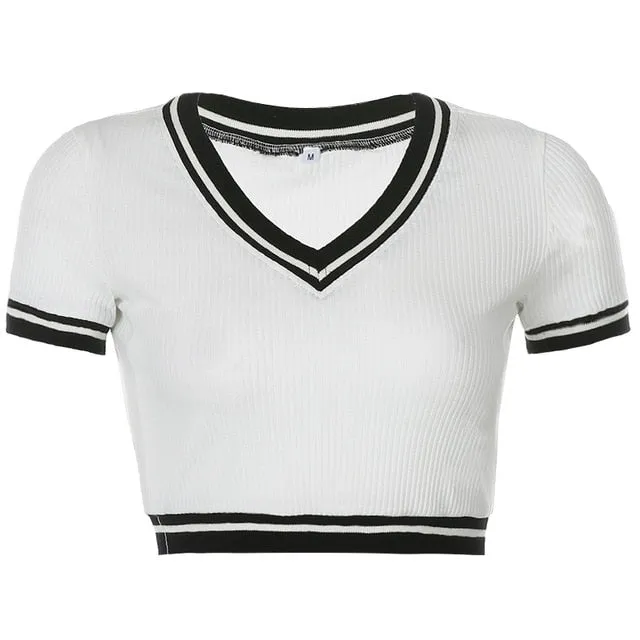 Striped V Neck Casual Basic Crop Tops Korean Fashion Cute Short Sleeve Slim Tees
