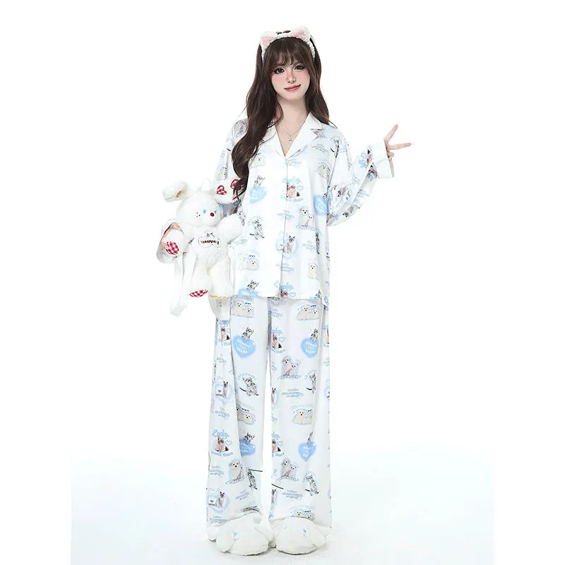 Sweet Girly Style Cute Kitten Print Pajama Set