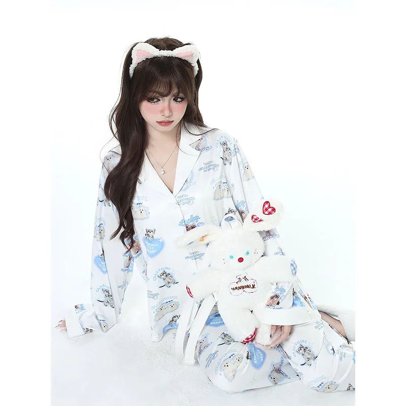 Sweet Girly Style Cute Kitten Print Pajama Set