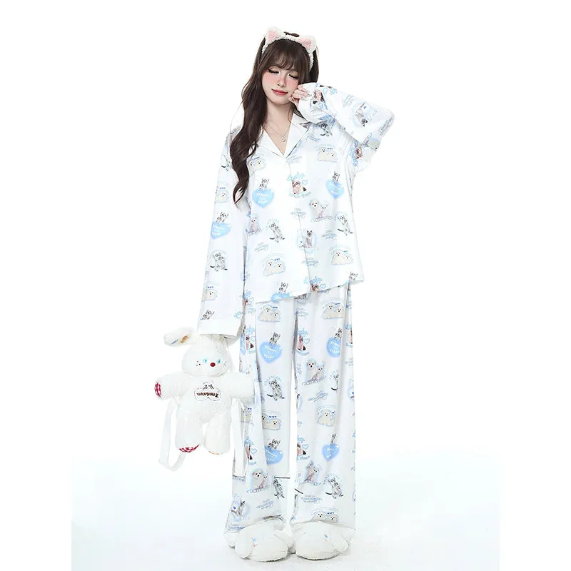 Sweet Girly Style Cute Kitten Print Pajama Set