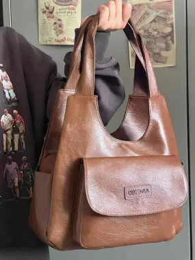 TAVIMART  -  American Retro Tote Bags For Women Leather Handbags Trend 2024 Niche Design Brown Student Large Capacity Shoulder Hand Bag