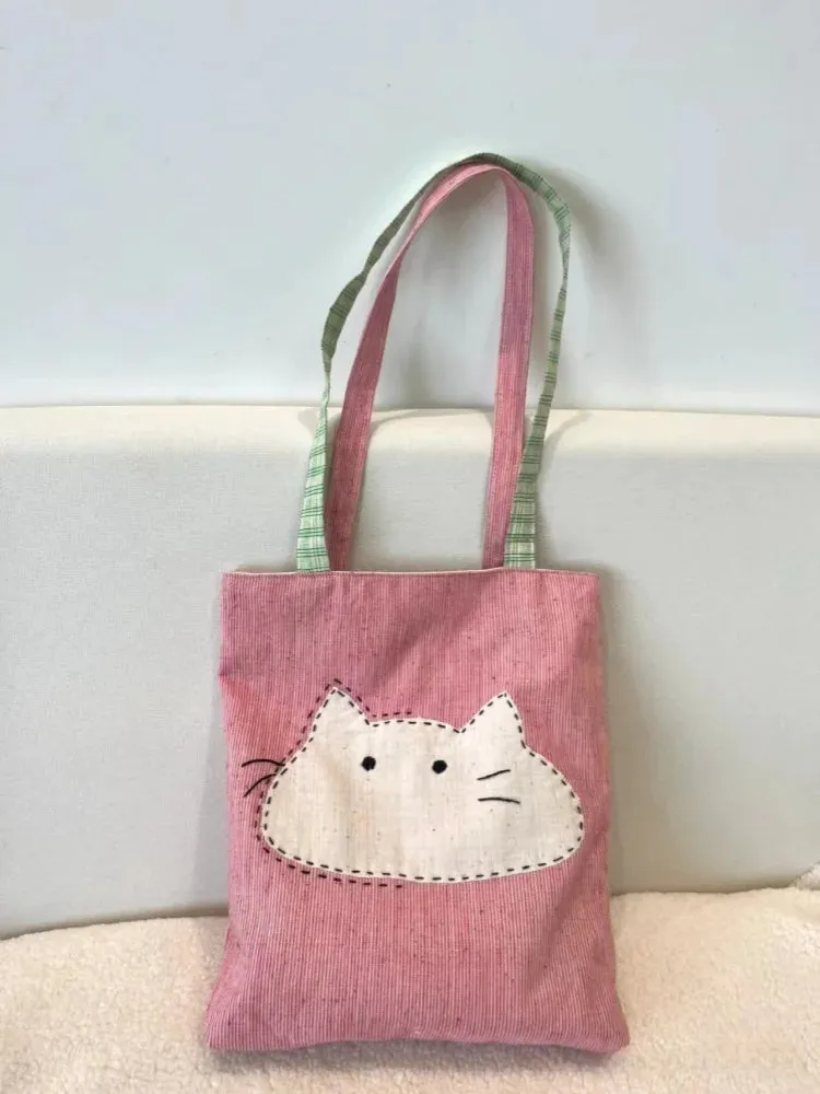Uakiss Korean All Match Simple Underarm Bags Kawaii Cute Cat Canvas Bag Women Casual Y2k Aesthetic Shoulder Handbags Streetwear